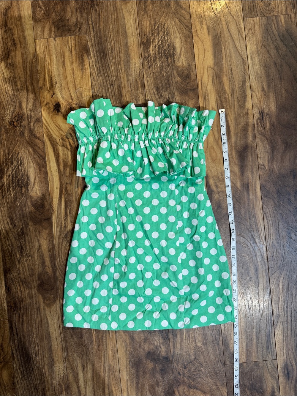 DO+BE Green Polka Dot Ruffle Strapless Dress